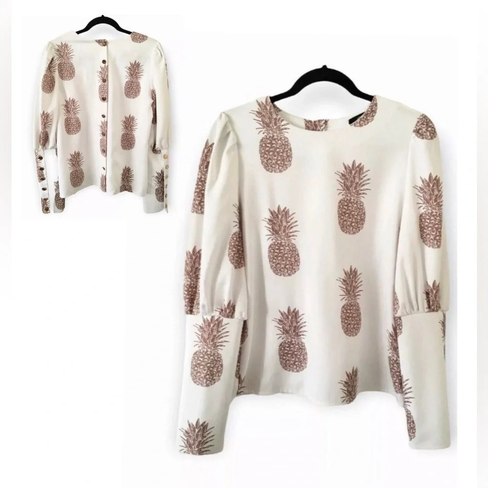 NWT CBR Chic Boutique Rose Pineapple Print BOHO Classic Couture Blouse Top - Picture 1 of 13